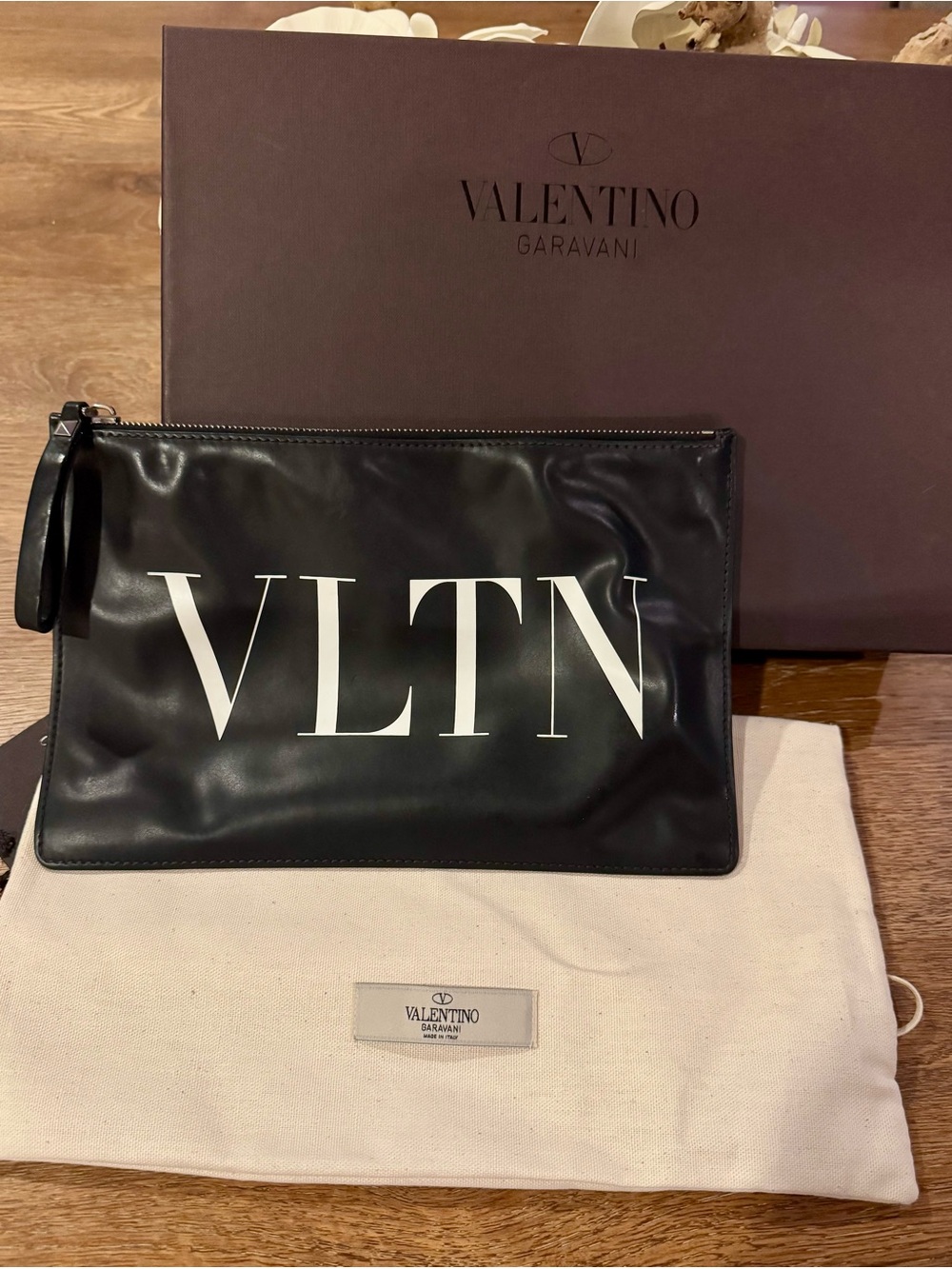 Valentino Garavani VLTN Black Leather Zip Pouch with White Logo